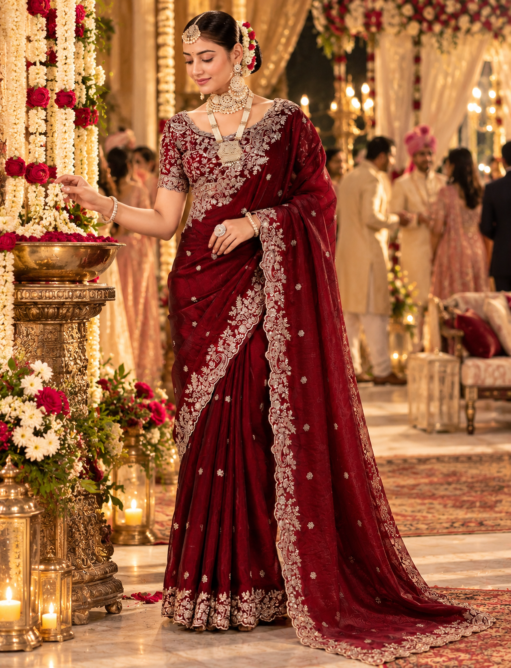 Satin Silk Embroidery Sequin Work Saree With Unstitched Blouse(Red)