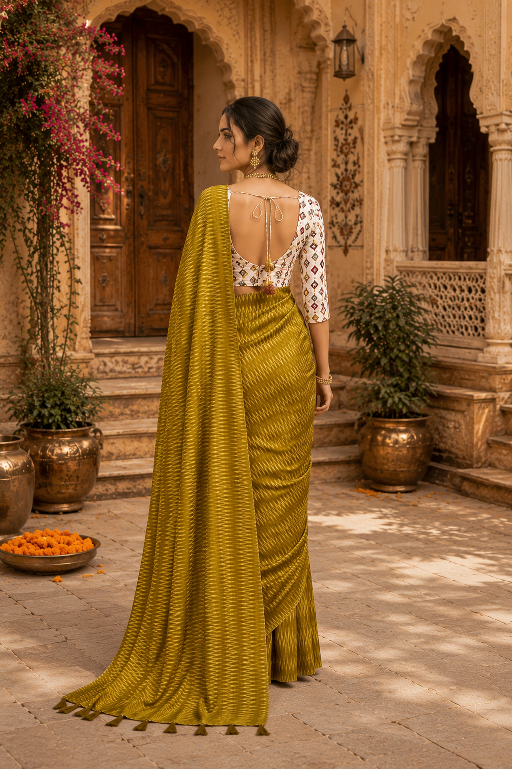 Crepe Silk Printed Sarees With Unstitched Blouse(Mustard)