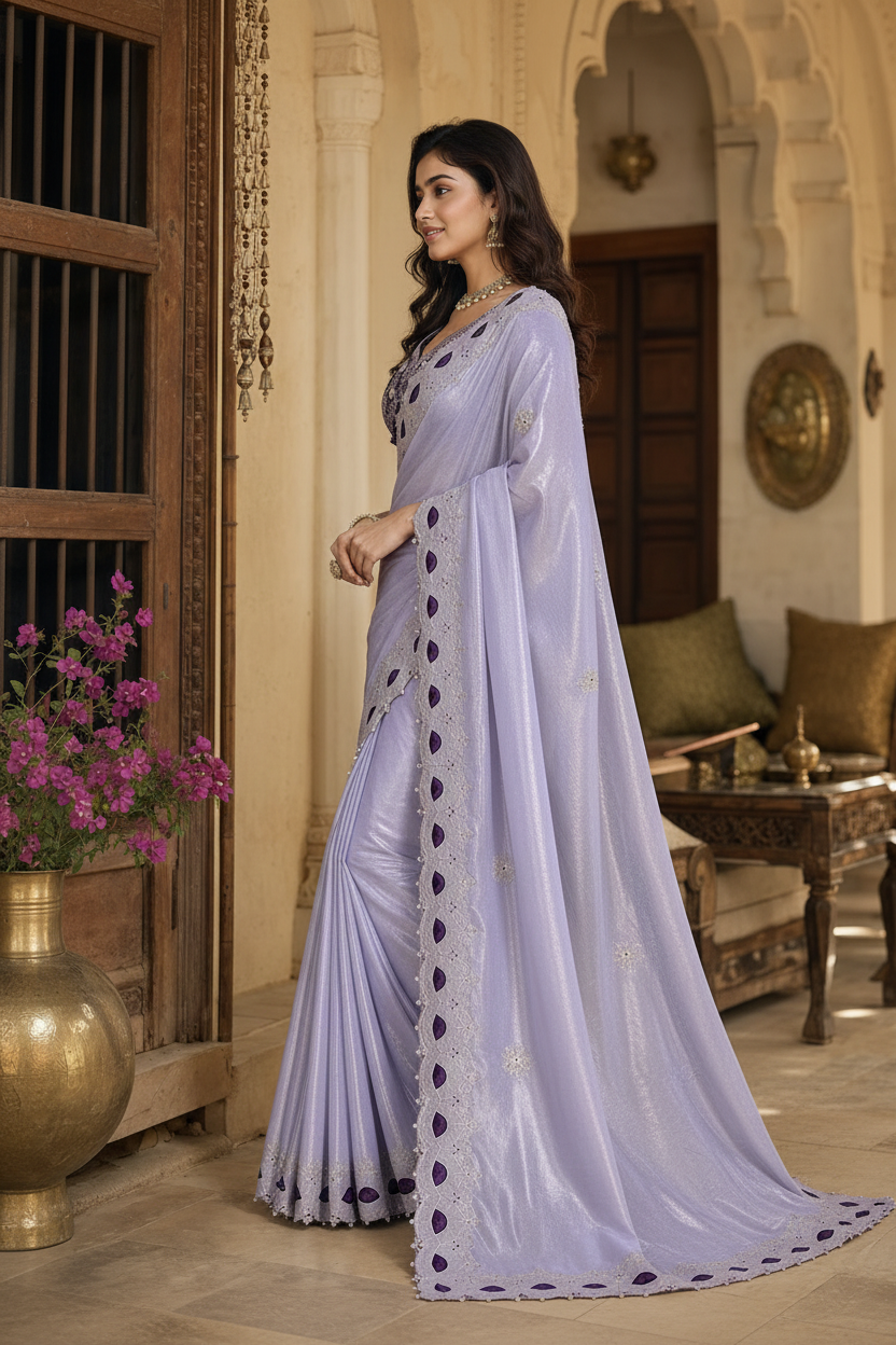 Premium Satin Silk Embroidery Work Saree With Unstitched Blouse(Lavender)