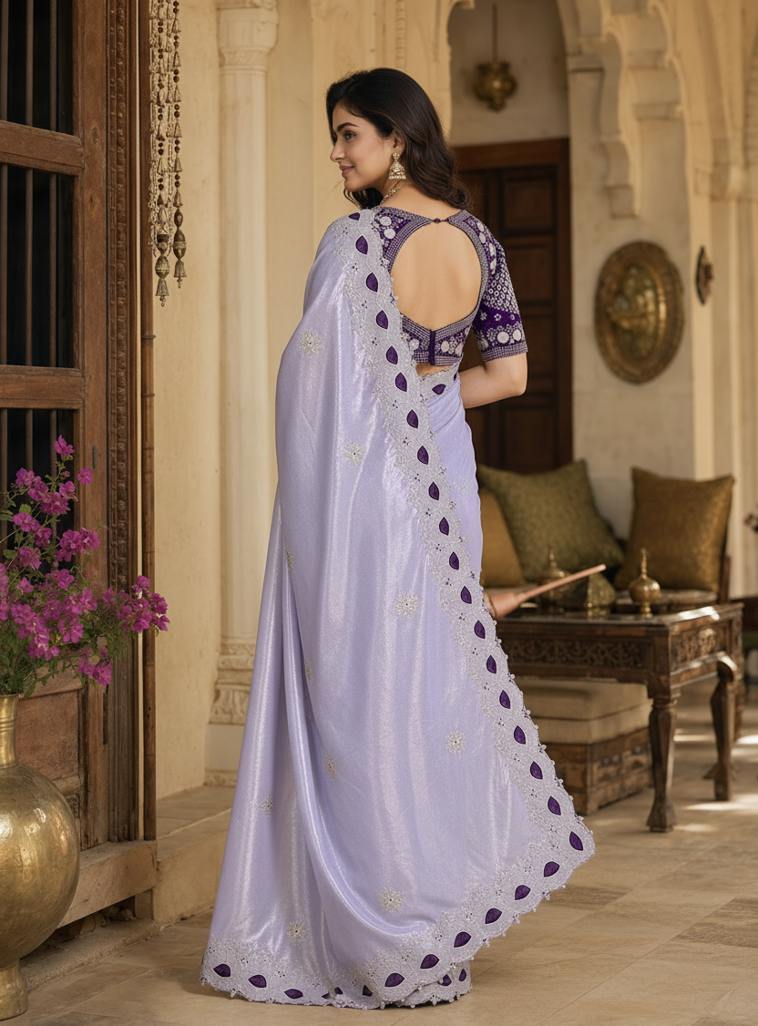 Premium Satin Silk Embroidery Work Saree With Unstitched Blouse(Lavender)