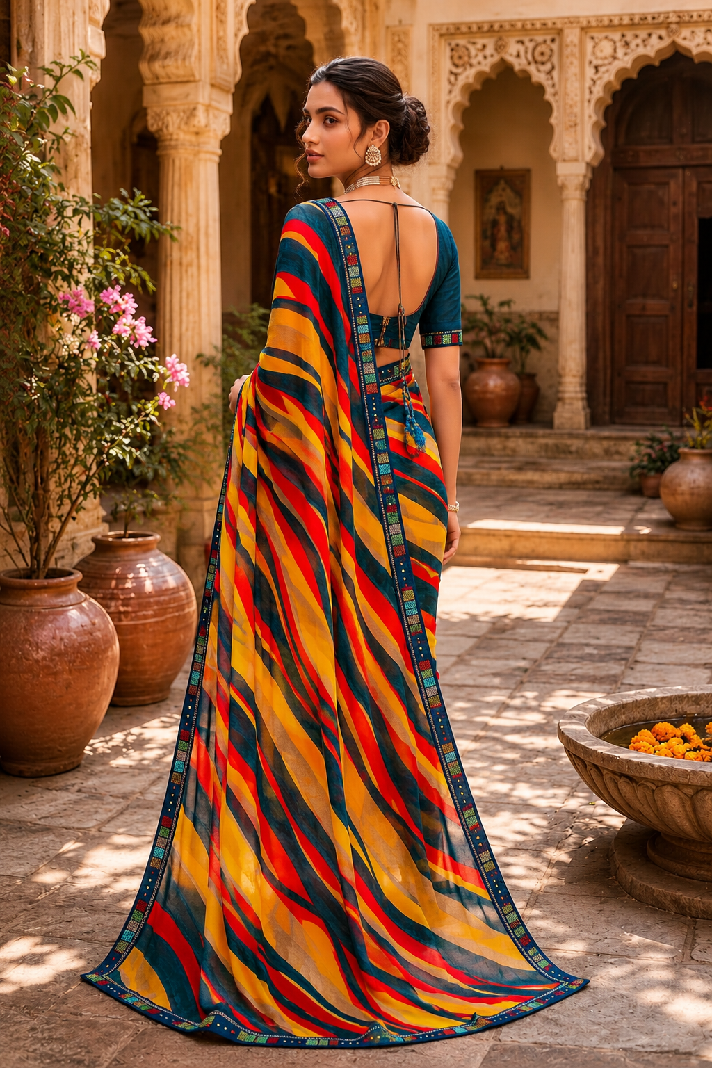 Georgette Digital Print Saree With Unstitched Blouse(Yellow)