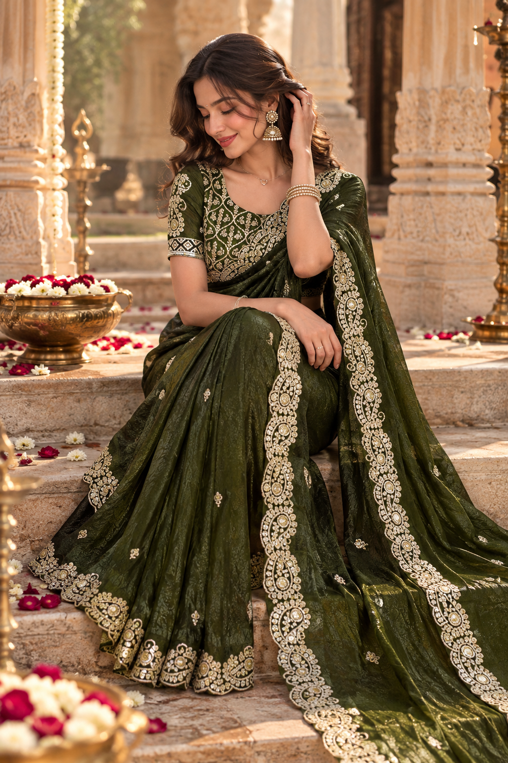 Satin Silk Embroidery Work Saree With Unstitched Blouse(Mehendi)