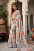 Satin Silk Floral Printed Saree With Unstitched Blouse(Grey)