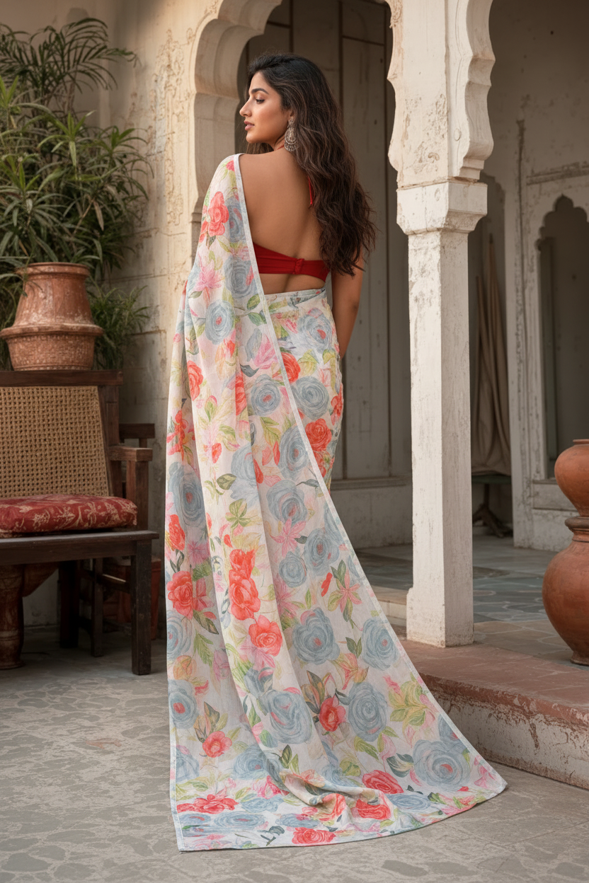 Satin Silk Floral Printed Saree With Unstitched Blouse(Grey)