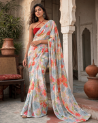 Satin Silk Floral Printed Saree With Unstitched Blouse(Grey)