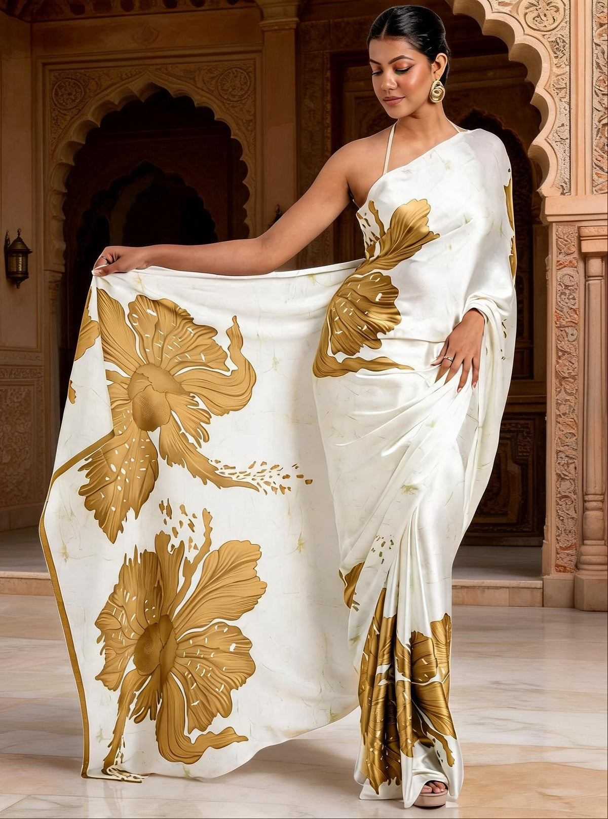 Satin silk printed saree with unstitched(yellow)
