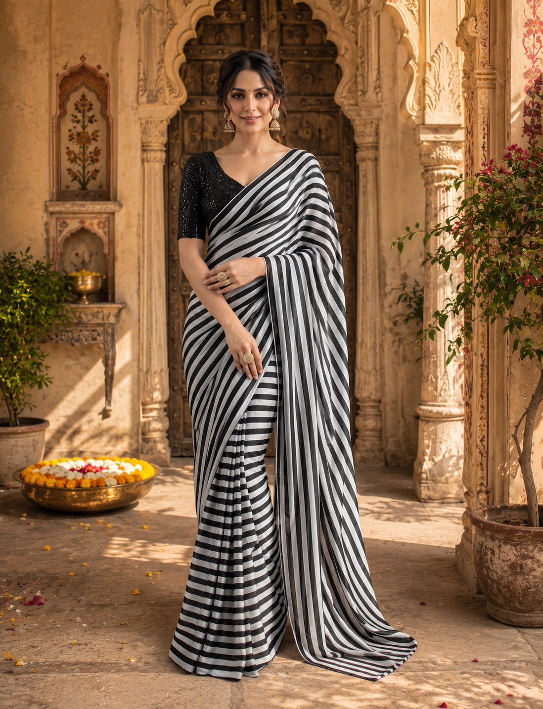 Georgette Marshmallow Printed Saree With Unstitched Blouse(White)