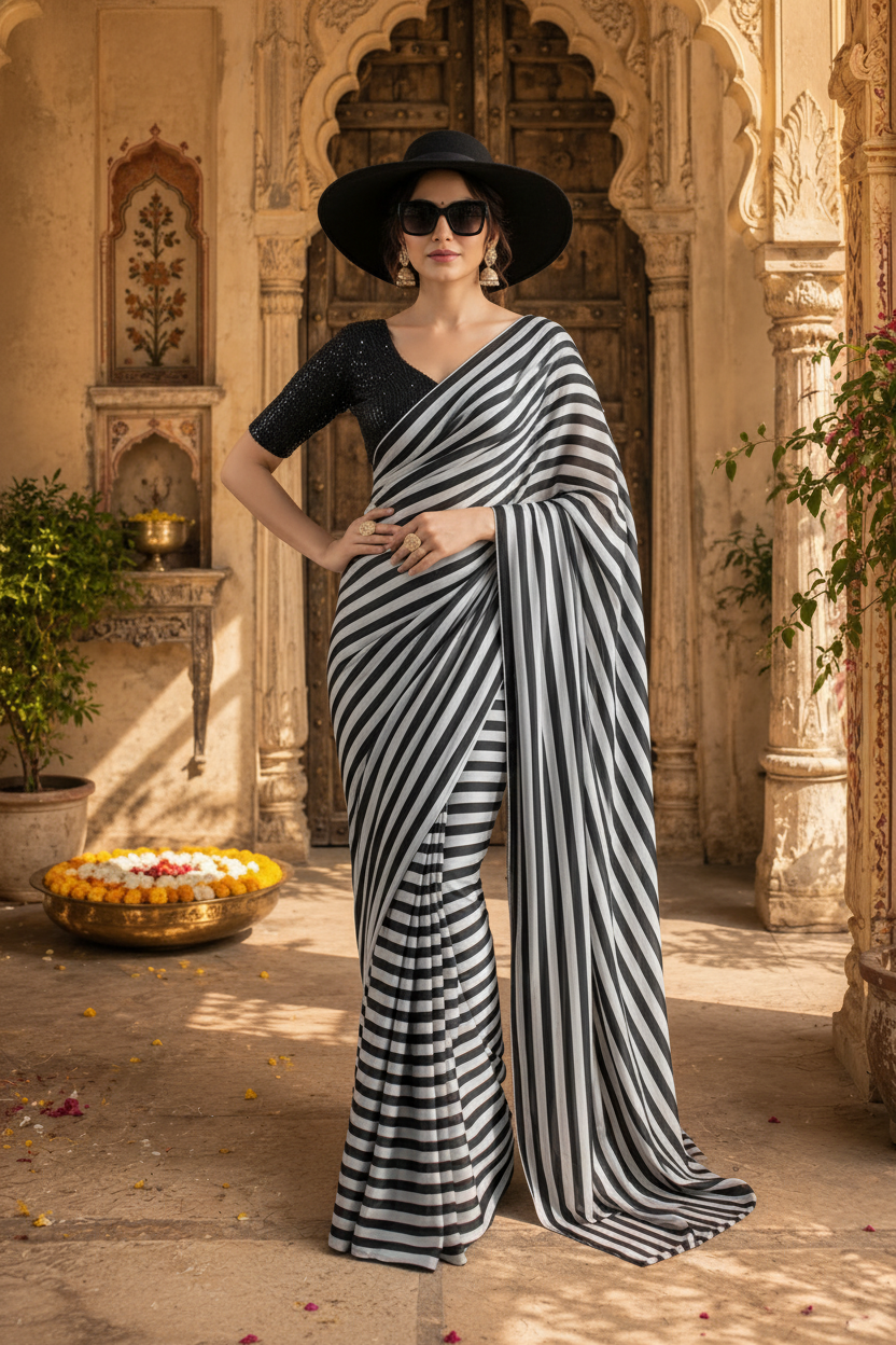 Georgette Marshmallow Printed Saree With Unstitched Blouse(White)