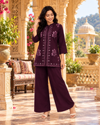 Pure Cotton Embroidery Work Kurti Pant Two Piece Set(Wine)