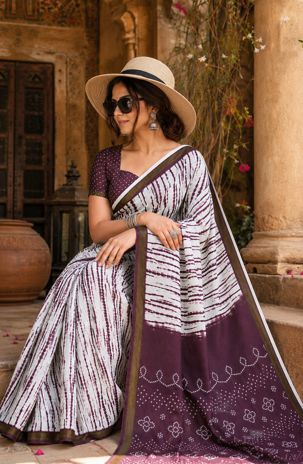 Linen Printed Saree With Unstitched Blouse(Brown)
