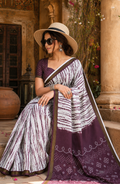 Linen Printed Saree With Unstitched Blouse(Brown)