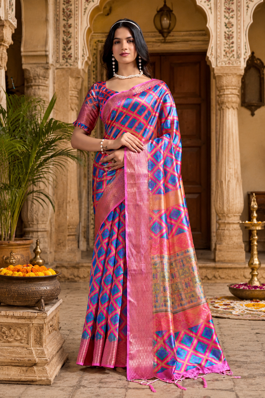 Pure Soft Silk Zari Border Work Saree With Unstitched Blouse(Pink)