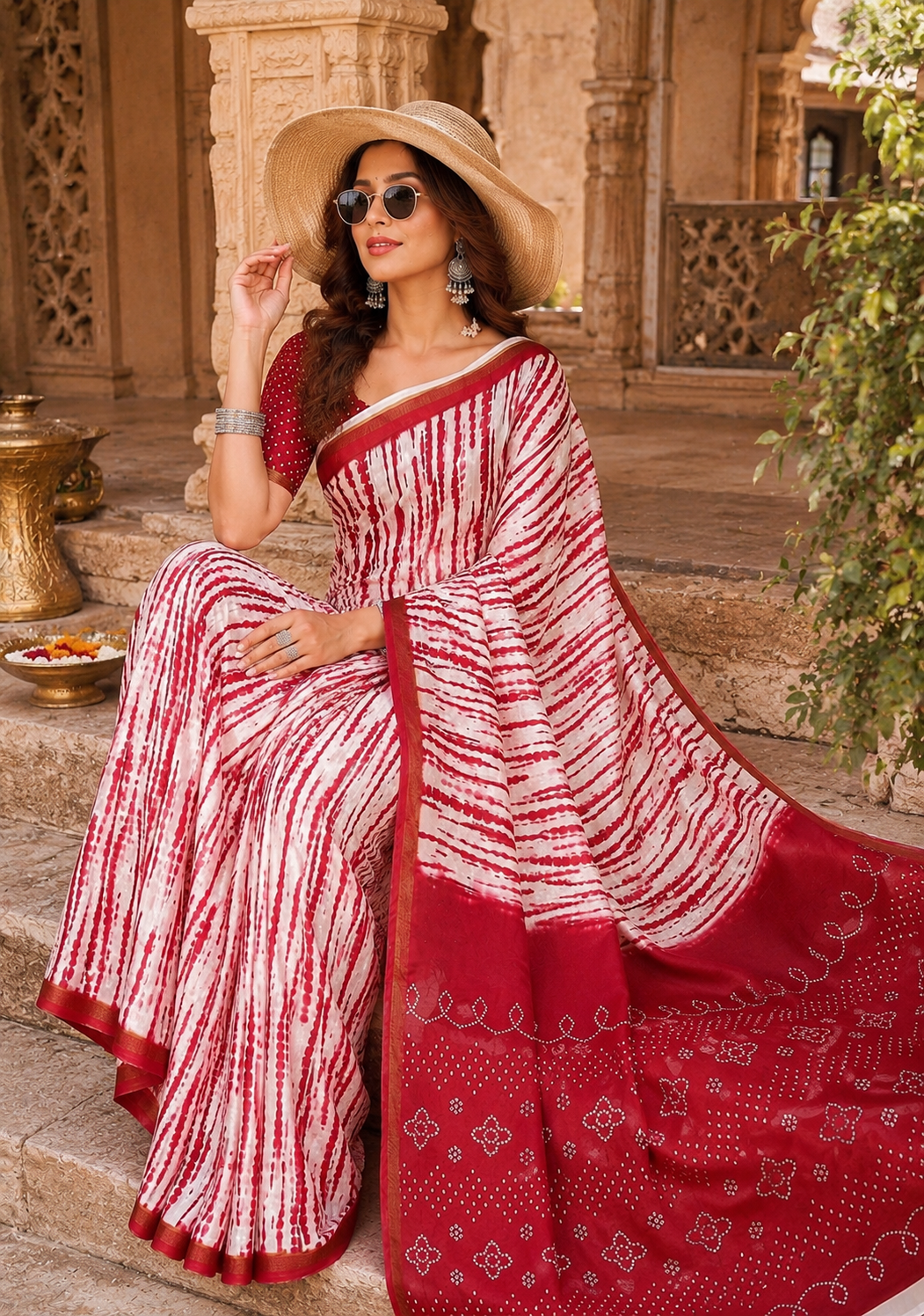 Linen Printed Saree With Unstitched Blouse(Red)