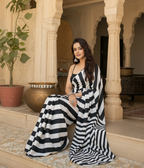 Satin Silk Digital Print Saree With Unstitched Blouse(Black)
