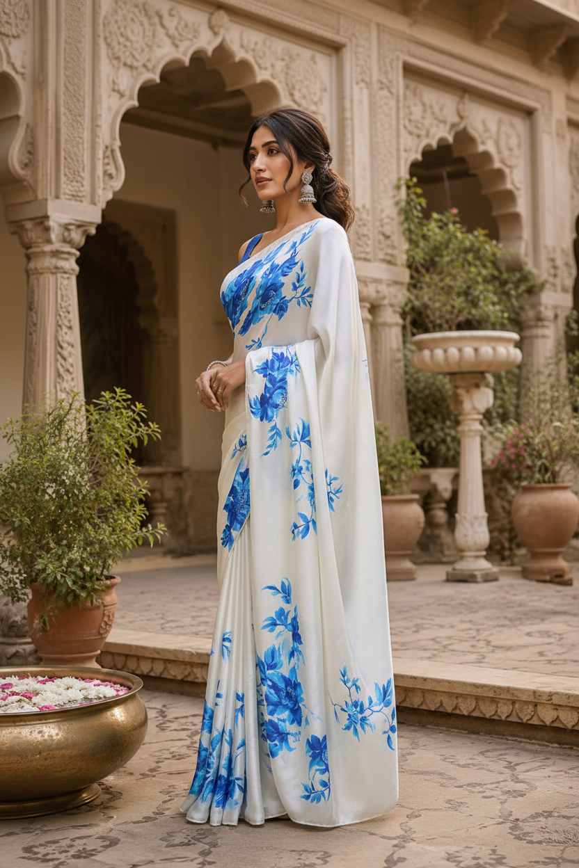 Premium Satin Silk Printed Saree With Unstitched Blouse(Blue)