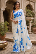 Premium Satin Silk Printed Saree With Unstitched Blouse(Blue)