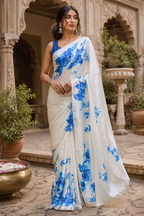 Premium Satin Silk Printed Saree With Unstitched Blouse(Blue)