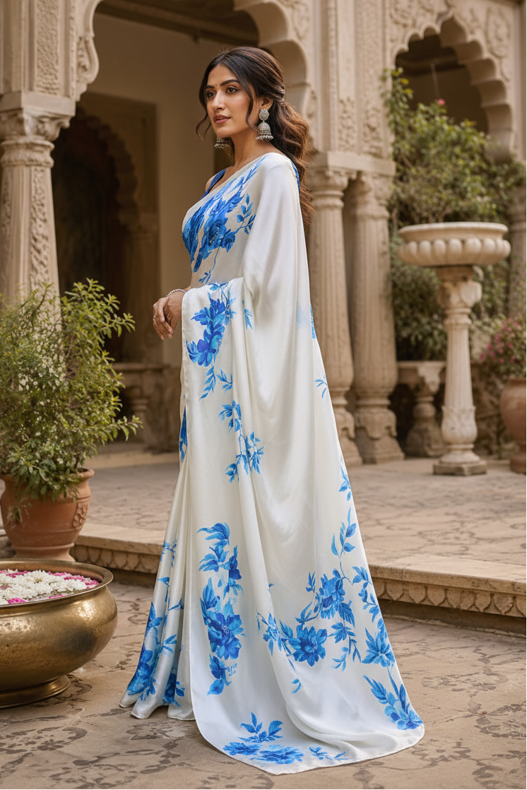 Premium Satin Silk Printed Saree With Unstitched Blouse(Blue)