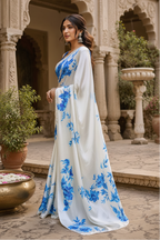 Premium Satin Silk Printed Saree With Unstitched Blouse(Blue)
