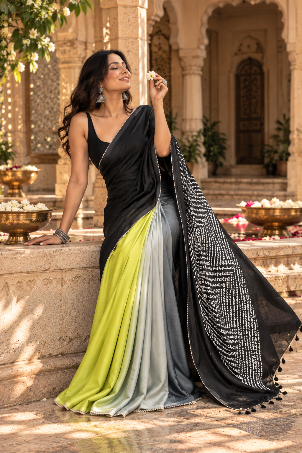 Pure Silk Digital Print Lace Patti Border Saree With Unstitched Blouse(Black)