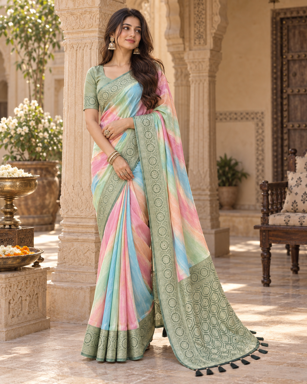 Soft Banarasi Silk Designer Saree With Unstitched Blouse(Pink)