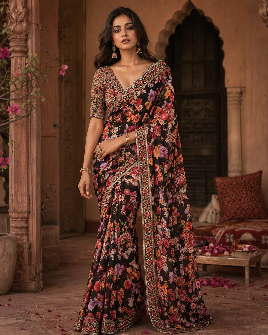 Georgette Digital Print Saree With Unstitched Blouse(Black)