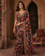 Load image into Gallery viewer, Georgette Digital Print Saree With Unstitched Blouse(Black)

