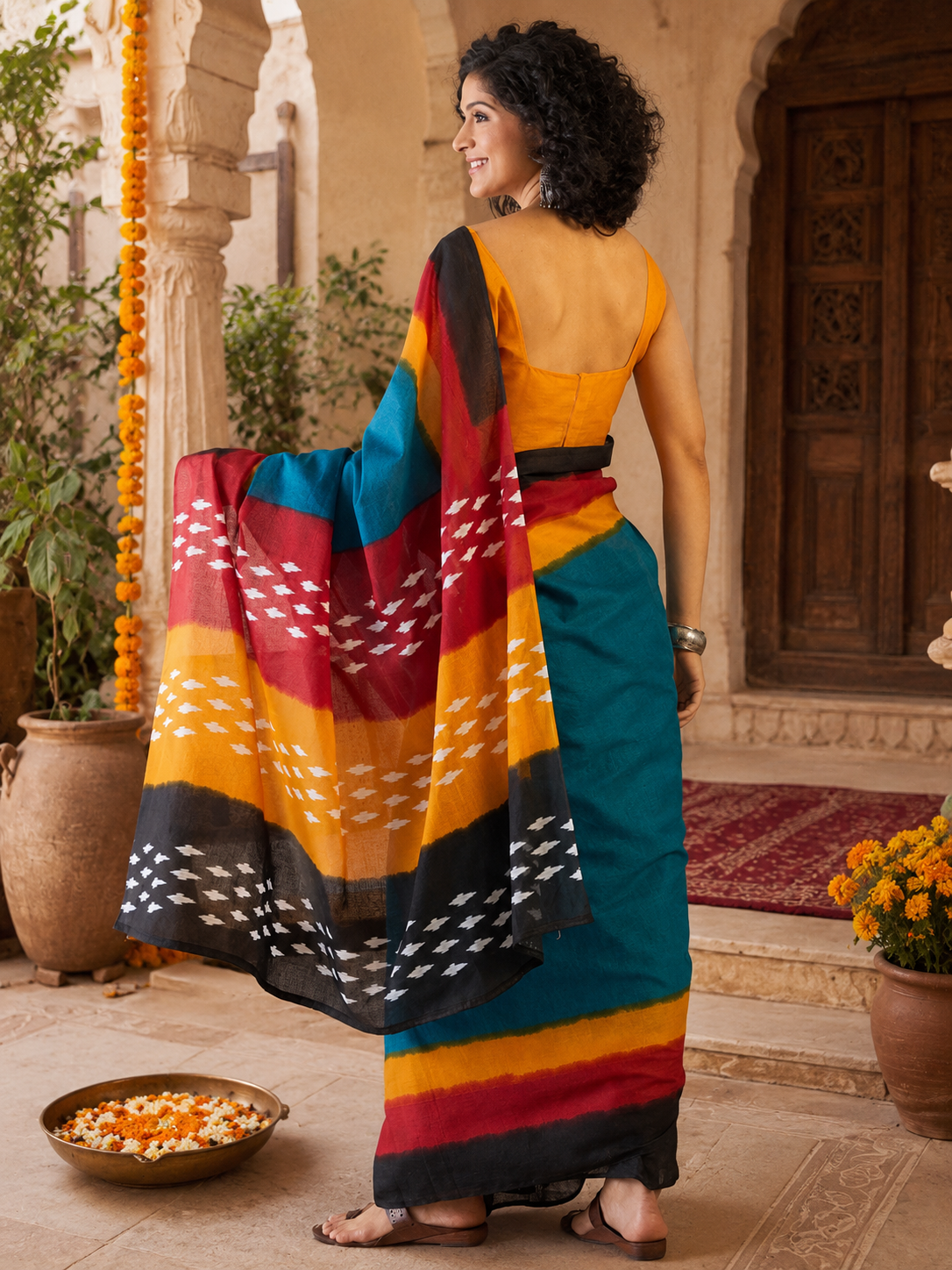 Mulmul Cotton Printed Pocket Saree With Unstitched Blouse(Blue)