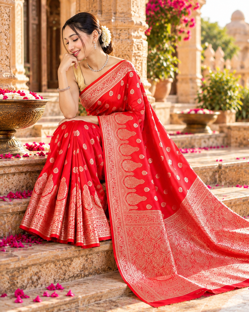Banarasi Silk Golden Zari Border Work Saree With Unstitched Blouse(Red)