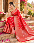 Banarasi Silk Golden Zari Border Work Saree With Unstitched Blouse(Red)