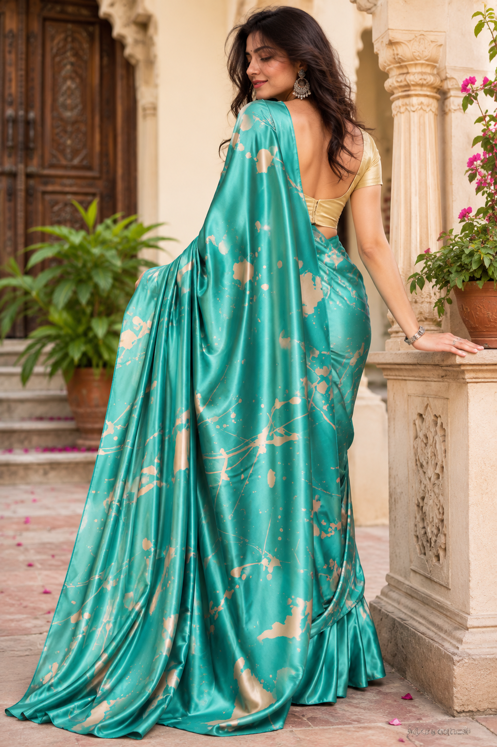 Premium Satin Silk Printed Saree With Unstitched Blouse(Blue)