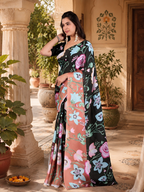 Georgette Satin Floral Print Saree With Unstitched Blouse(Peach)