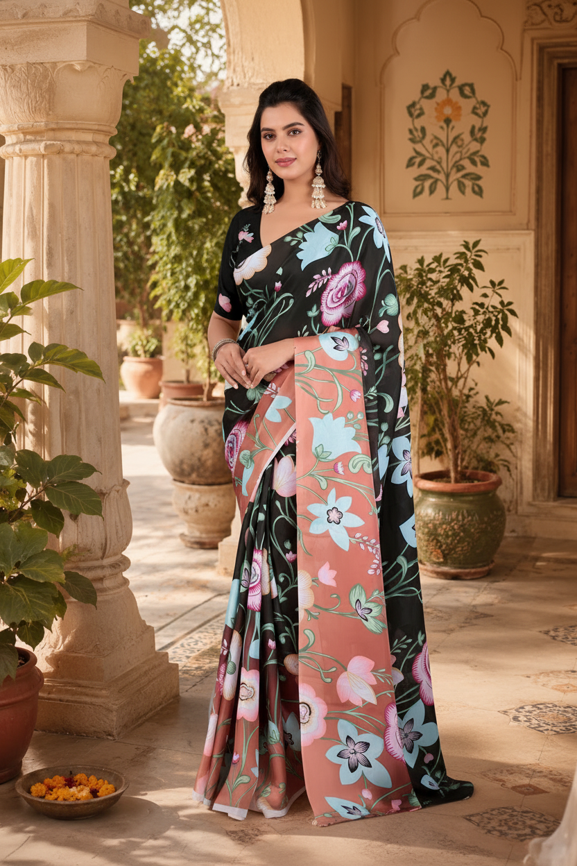 Georgette Satin Floral Print Saree With Unstitched Blouse(Peach)