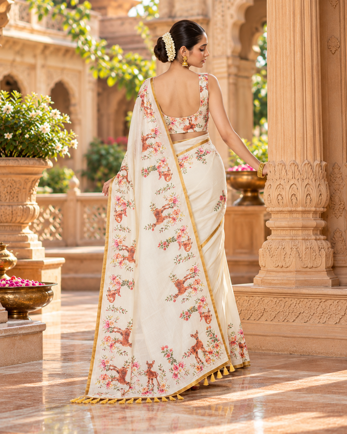 Soft Linen Floral Digital Print Saree With Unstitched Blouse(White)
