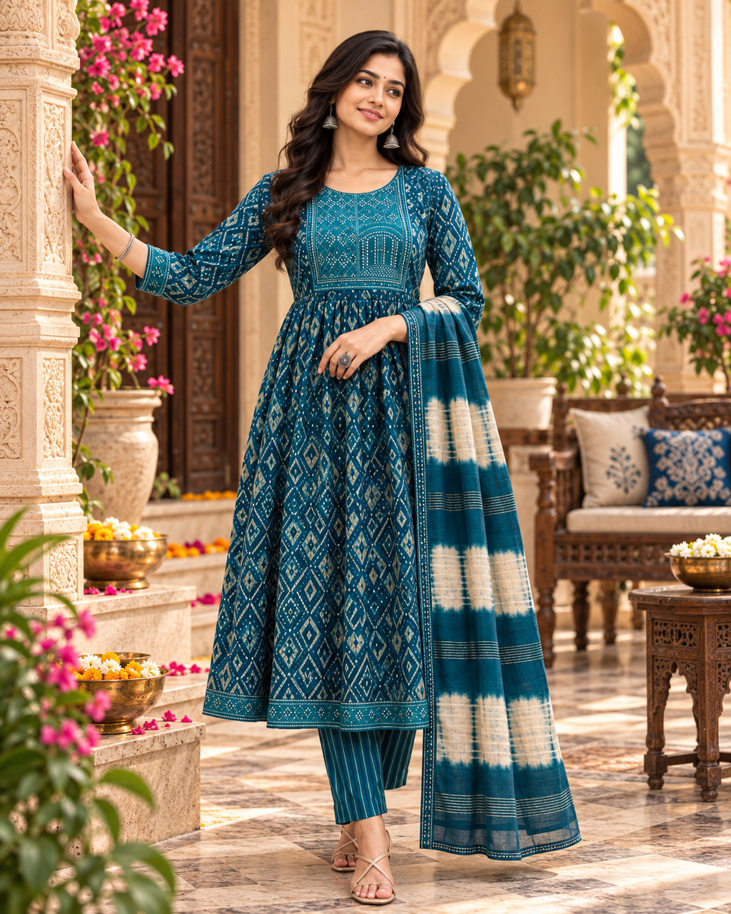 Cotton Kurti Pant Set With Dupatta(Blue)