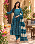 Cotton Kurti Pant Set With Dupatta(Blue)