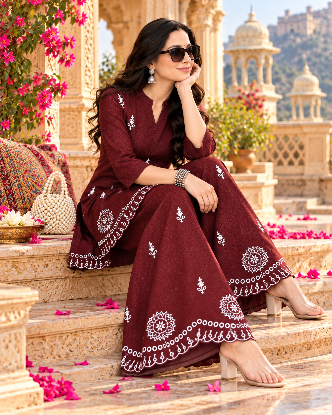 Pure Cotton Embroidery Work Co-Ord Set(Maroon)