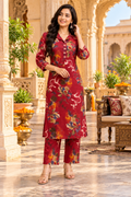 Roman Silk Kurti Pant Set(Red)
