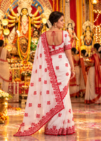 Crunch Silk Sequin work Saree With Unstitched Blouse(White)