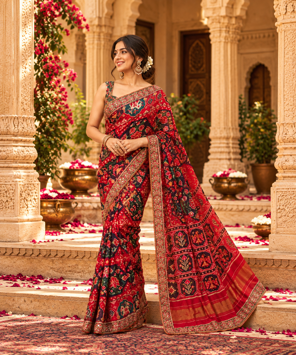 Chiffon Silk Mirror Work Saree With Unstitched Blouse(Red)
