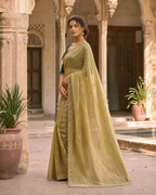 Satin Silk Embroidery Work Saree With Unstitched Blouse(Pista)