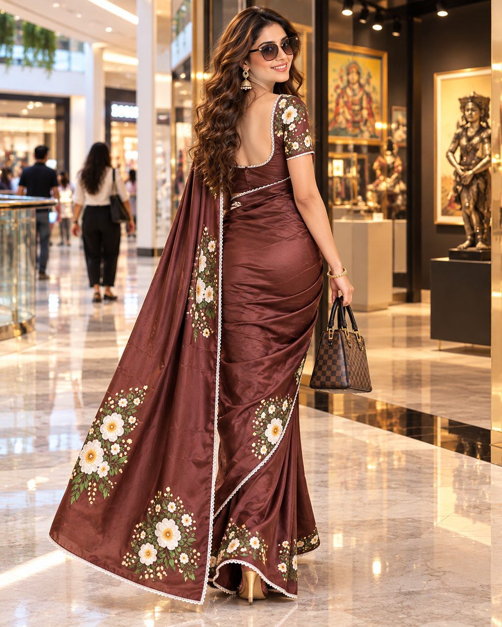 Satin Silk Printed Saree With Unstitched Blouse ( Coffee Brown)
