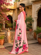 Satin Silk Printed Saree With Unstitched Blouse(Pink)