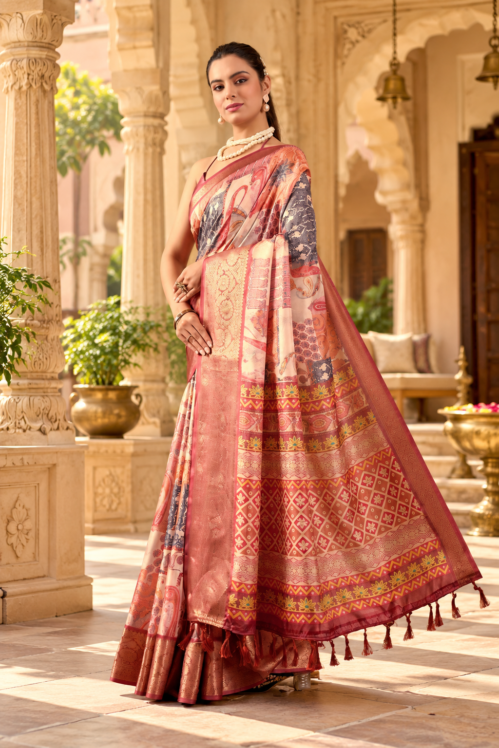 Soft Litchi Silk Digital Print Saree With Unstitched Blouse(Beige)
