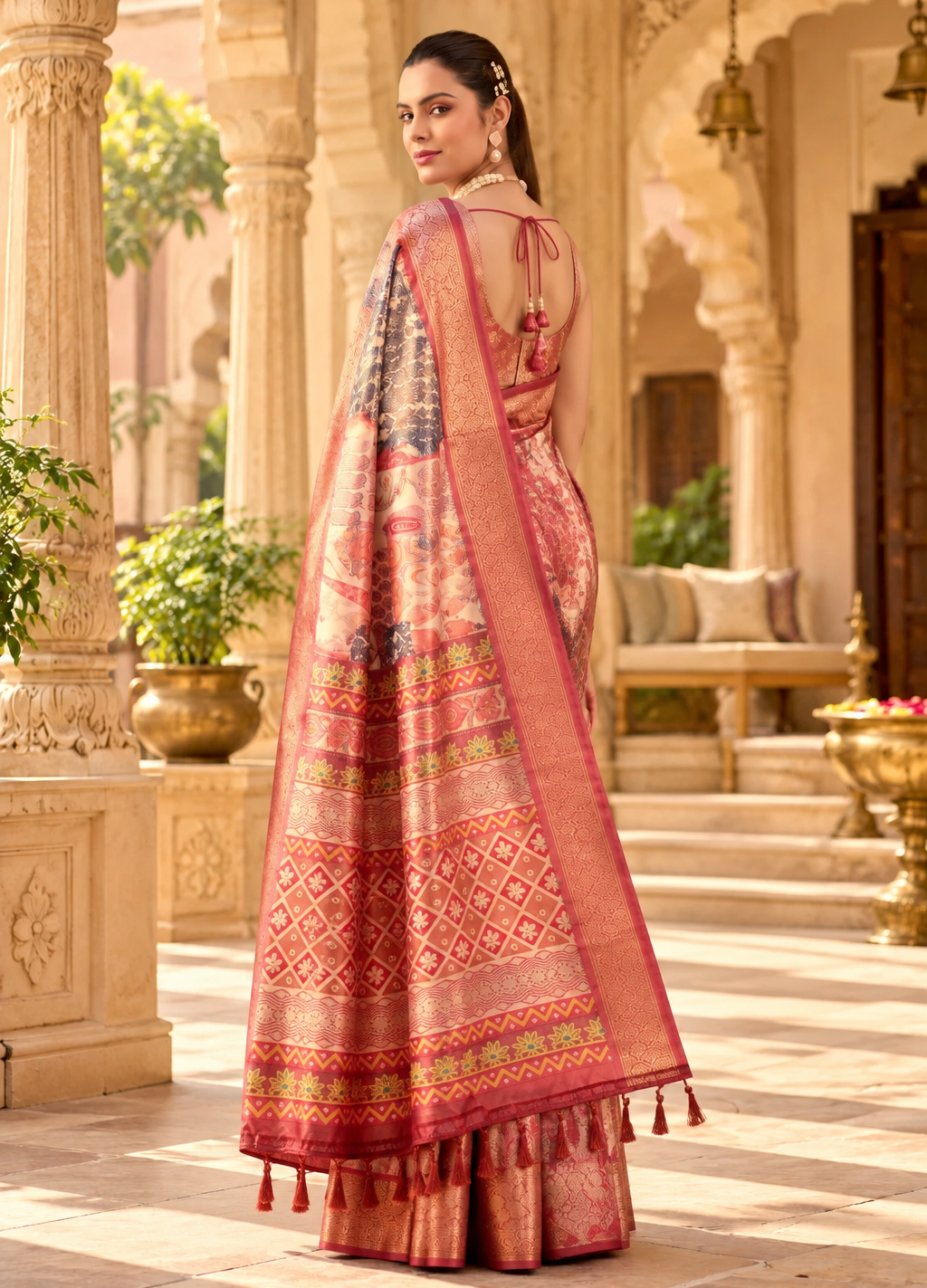 Soft Litchi Silk Digital Print Saree With Unstitched Blouse(Beige)