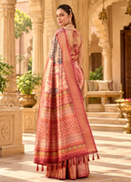 Soft Litchi Silk Digital Print Saree With Unstitched Blouse(Beige)