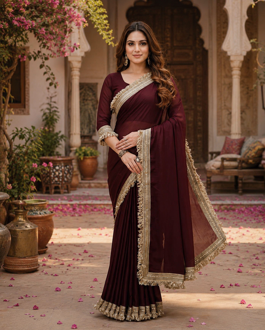 Georgette Lace Border Saree With Unstitched Blouse(Maroon)