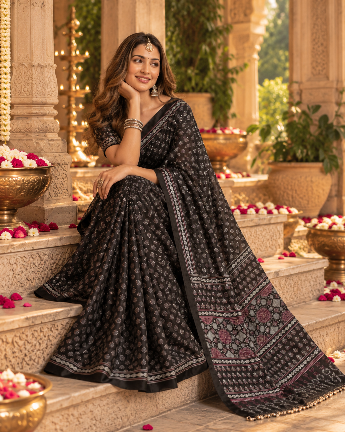 Satin Silk Ajrakh Print Mirror Work Saree With Unsitched Blouse(Black)