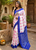 Mulmul Cotton Bagru- Printed Saree With Unstitched Blouse(Baby Pink)