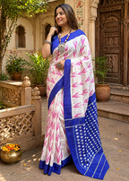 Mulmul Cotton Bagru- Printed Saree With Unstitched Blouse(Baby Pink)